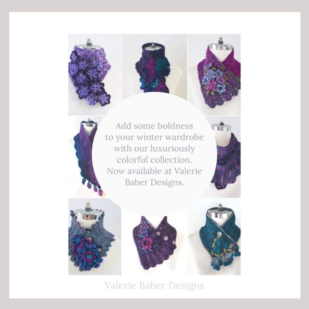 Gift ideas for someone special or treat yourself with a beautiful scarf or crochet pattern so you can make your own from Valerie Baber Designs.