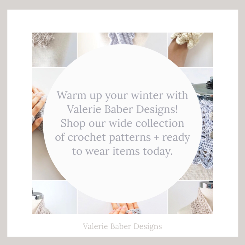 Warm up your winter with a luxurious scarf and hand warmers or crochet pattern to make your own by Valerie Baber Designs.