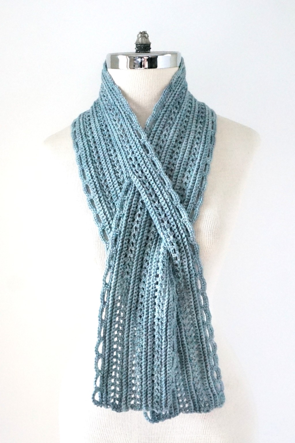 New Crochet Pattern:  The Elegant Essence Lace Scarf has a slit crocheted into the scarf to fasten without the bulk.
