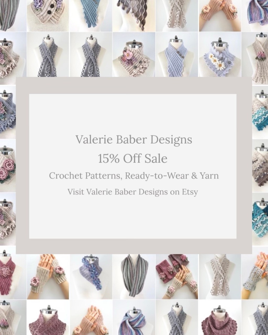 SAVE 15% on everything including crochet patterns, ready to wear scarves to keep you cozy and warm and yarn.