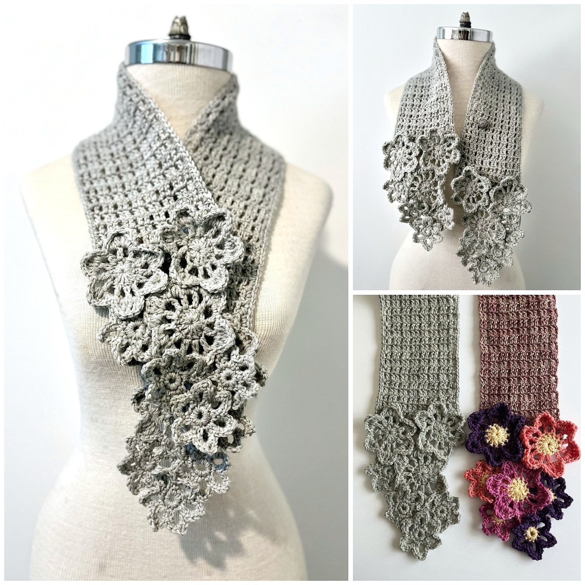 New!  Flowers and lace scarf crochet pattern perfect for any&nbsp;style.